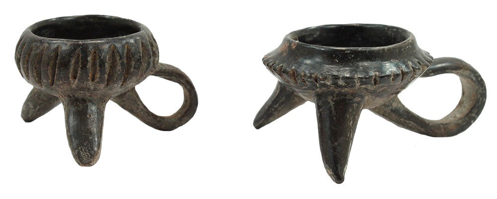 2 Pre-Columbian Bowls. Tzintzuntzan, Michoacan. Very: 2 Pre-Columbian Bowls. Tzintzuntzan, Michoacan. Very old, miniature examples. 2" D. Tripod. Burnished blackware with fluted side and one loop leg. 3" D. Tripod. Burnished blackware with fluted sides a