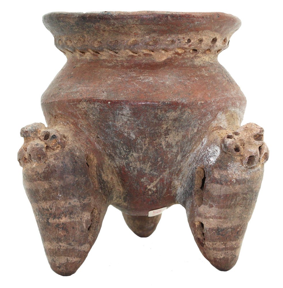 4" H. Tripod Jar. Nayarit, MX. Ornate legs with: 4" H. Tripod Jar. Nayarit, MX. Ornate legs with animal effigies perched on each leg. Very good condition. Rattle legs. From the Pre-Columbian art collection of Dr. Earl Riddick
