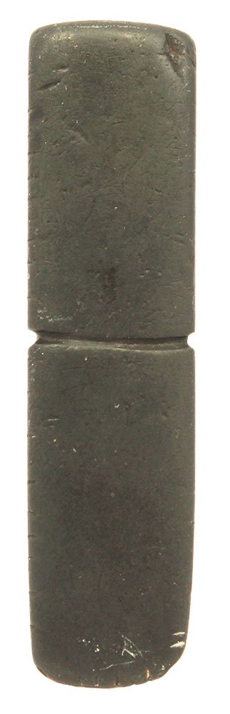 3 5/16" Hematite Bar. OK. Grooved, tallied. Greg: 3 5/16" Hematite Bar. OK. Grooved, tallied. Greg Perino Collection. Deaccessioned from Native American History Museum (paper)