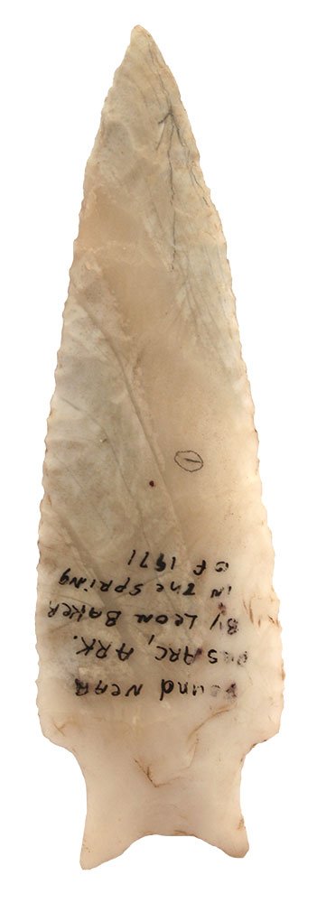 4 15/16" Holland. Prairie Co, AR. White Novaculite.: 4 15/16" Holland. Prairie Co, AR. White Novaculite. G10 example. Ex-Stevens. Found by Leon Baker in 1971. Partain and Perino COAs