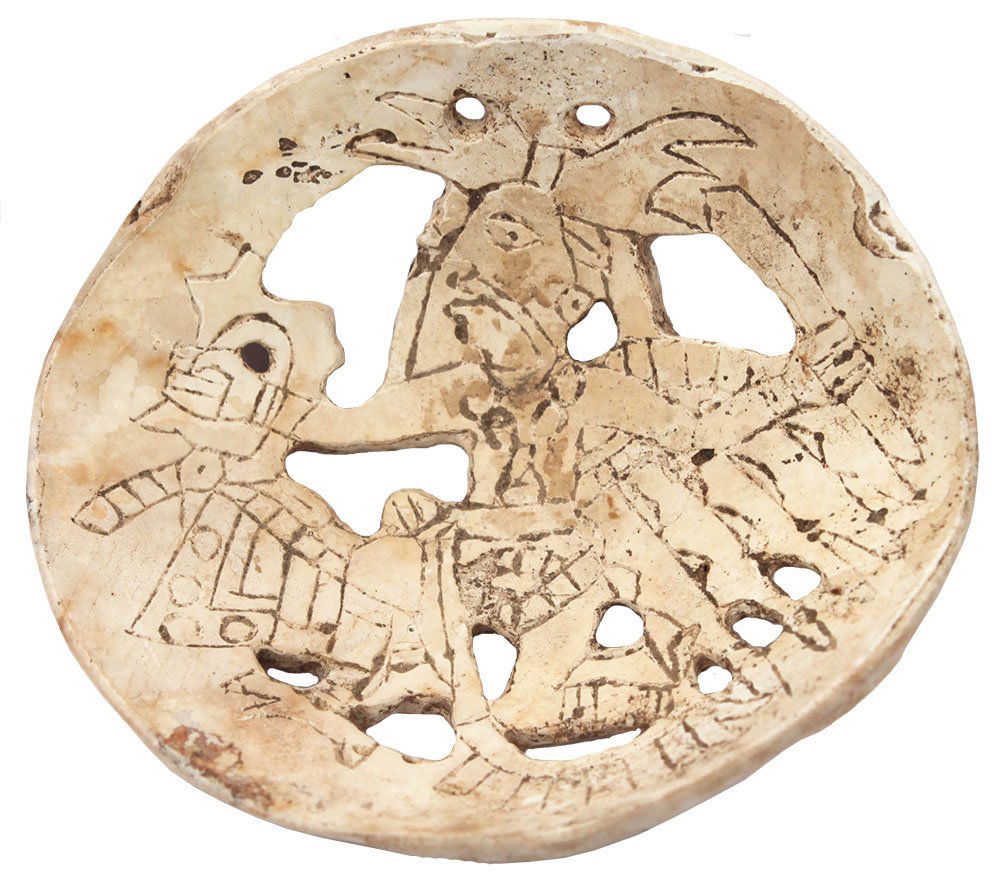 Rare 2 9/16" Shell Gorget with cut-outs.  Engraved with (1 of 2)