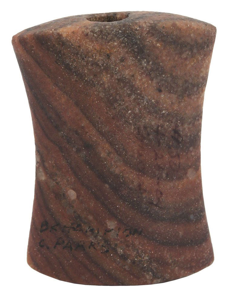 2 3/4" Hourglass Bannerstone. Crib Mound. Spencer Co,: 2 3/4" Hourglass Bannerstone. Crib Mound. Spencer Co, IN. Ex-Seim, Tom Davis, Bob Converse, Mel Wilkins, Cameron Parks and Hammon collections. Sold at Converse's Mel Wilkins sale. Davis COA