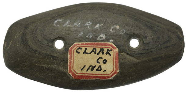 2 3/4" Slate Gorget.  Clark Co, IN.   Ex-Michael: 2 3/4" Slate Gorget. Clark Co, IN. Banded Slate, elliptical shape. Ex-Michael Johnson