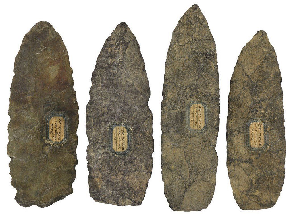 Cache of 4 Archaic Blades (6 1/8"-7 3/16").  Old tags (1 of 1)