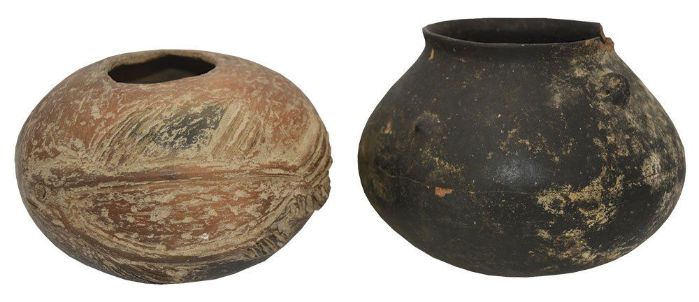 2 Old "Cherokee Pots".  Both 6 1/2" D.  Lighter Fish (1 of 1)