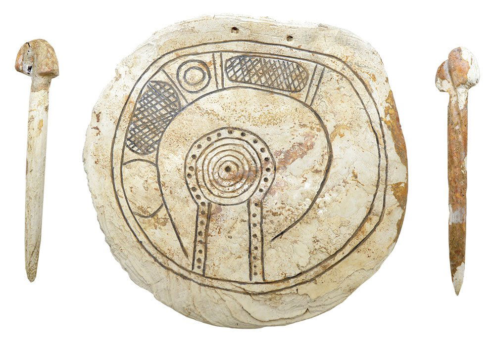 5 1/2" Shell Rattlesnake Gorget and Ear Ornaments (4 (1 of 3)