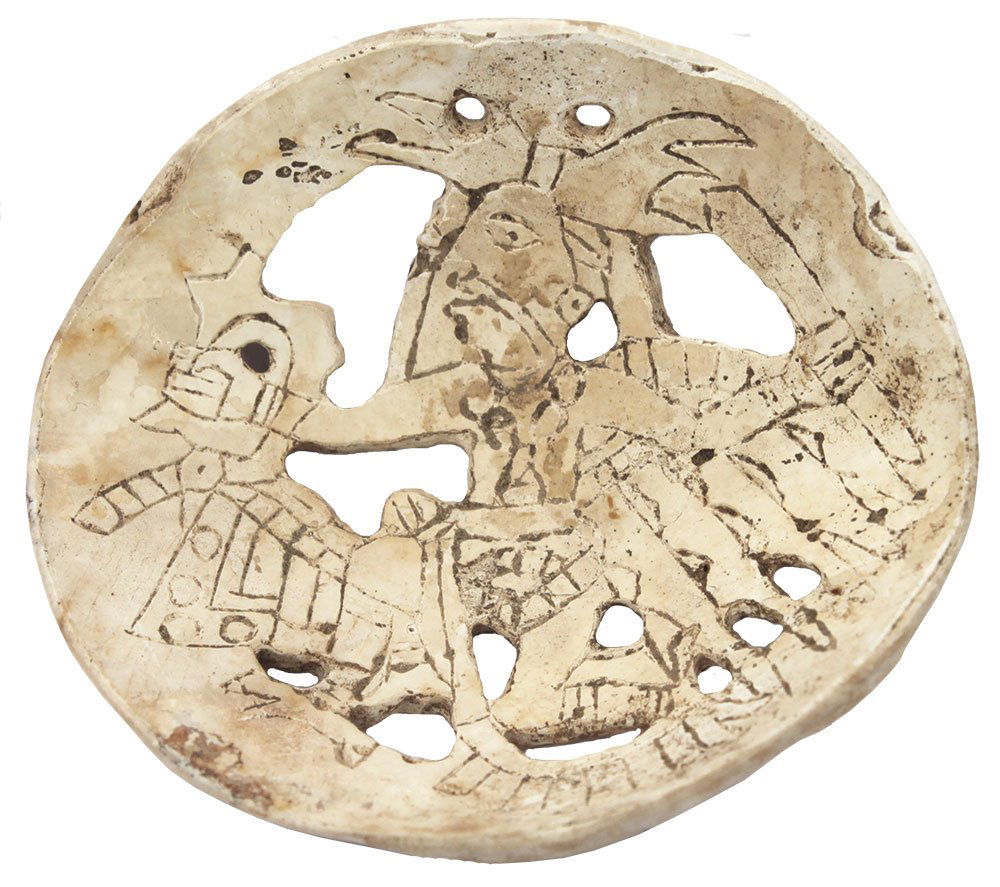 Rare 2 9/16" Shell Gorget with cut-outs.  Engraved with (1 of 3)