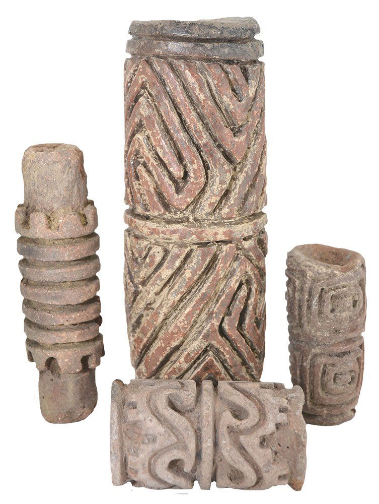 4 Pre-Columbian Pottery Stamps.  2 5/8" - 6 1/2". (1 of 1)