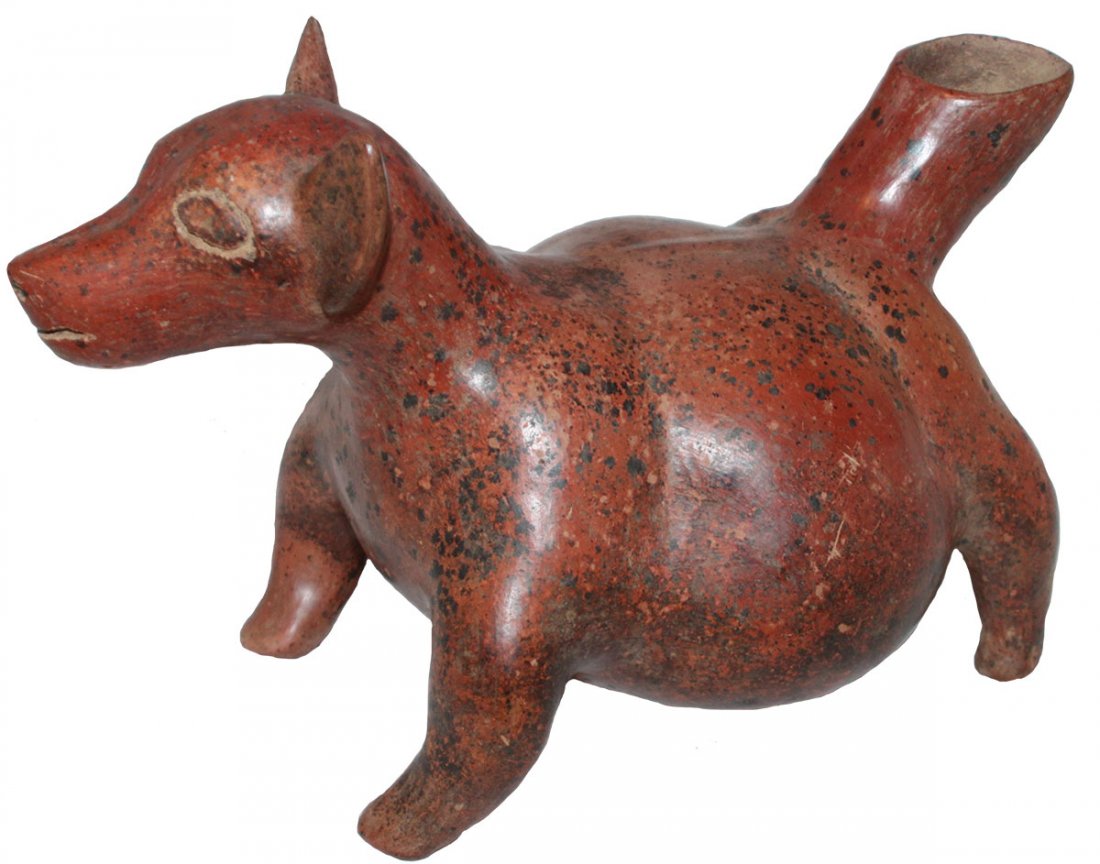 Large (15" L.) Round Bellied Techichi Dog. Colima, MX.: Large (15" L.) Round Bellied Techichi Dog. Colima, MX. Flawless, museum quality example. Ex-Curt Grimmer, Dr. Earl Riddick. Pre-Columbian "Colima Dog". Comes with a copy of Dr. Frederick Dockstader's 