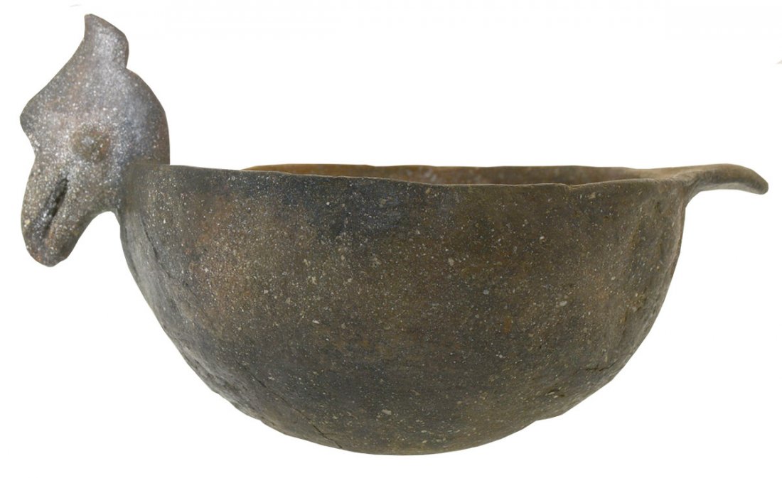 8 7/8" D. Rim Effigy (Bird) Bowl. Solid bowl.: 8 7/8" D. Rim Effigy (Bird) Bowl. Solid bowl. Restoration to top of head and on tail. Ex-Leo Paul Davis. Pictured in WW# 7, p264