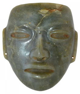 4 1/8" Jade Mask.  Pictured in WW#7 (color section,: 4 1/8" Jade Mask. Leo Paul Davis acquired this Pre-Columbian masterpiece from Bryon Knoblock for $4500 decades ago. Excellent patina. Very fine condition. Pictured in WW#7 (color section, p49)