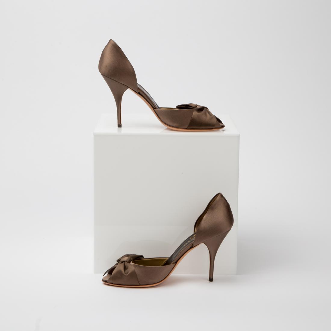 VALENTINO SATIN D'ORSAY HEELS, SIZE 38-1/2 -NEW: Valentino new without tags dark taupe satin heels with bow embellishment on vamp; 4" covered heels. Size 38.5