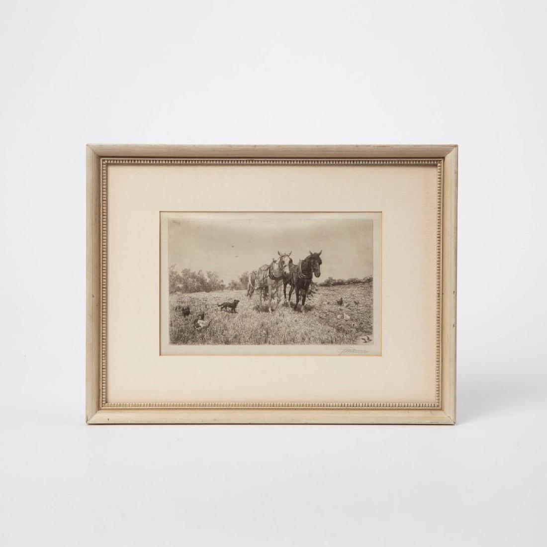 PENCIL SIGNED PETER MORAN PENCIL SIGNED ETCHING: Peter Moran (1841-1914), titled 'Fall Ploughing,' circa 1880-1890, signed in plate upper right, and pencil signed lower right in the margin. Plate measures 5 x 7-7/8 inches, in a 10.75 x 14 inch frame