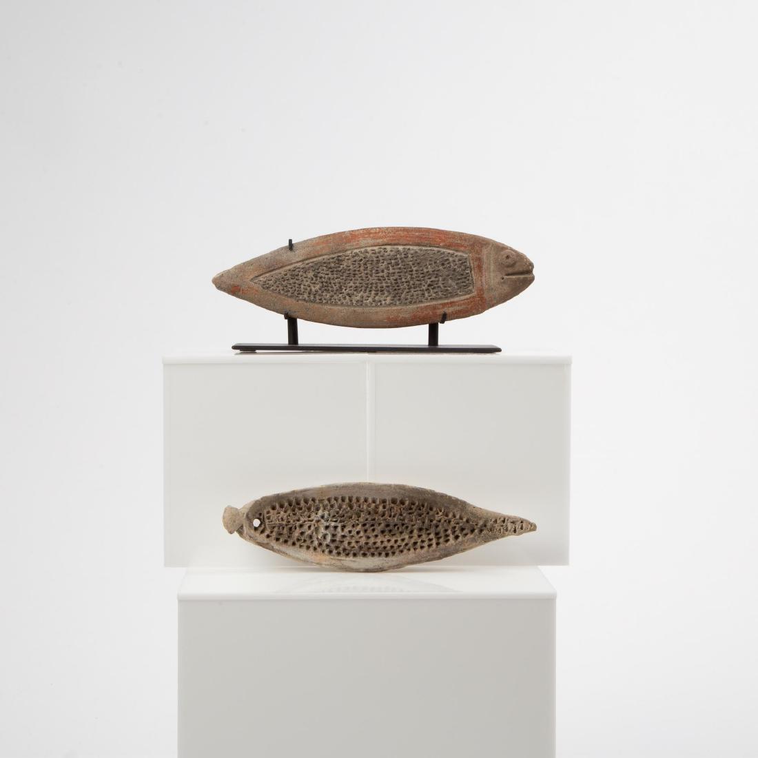 TWO TUMACO CULTURE FISH EFFIGY ROLLADOR GRATERS: A rollador is a pre-Columbian grater style, often taking the form of fish, used in and around TumacoÂ region of Colombia to grate various vegetables. The largest example here has fine detail, large