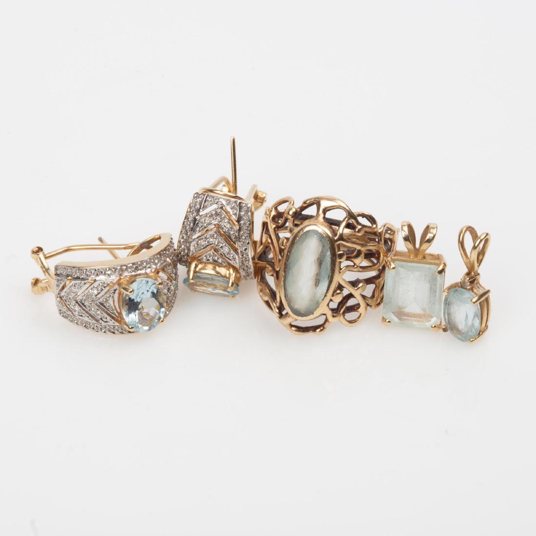 LOT 14K AQUAMARINE DIAMOND JEWELRY WITH EARRINGS, RING (1 of 16)