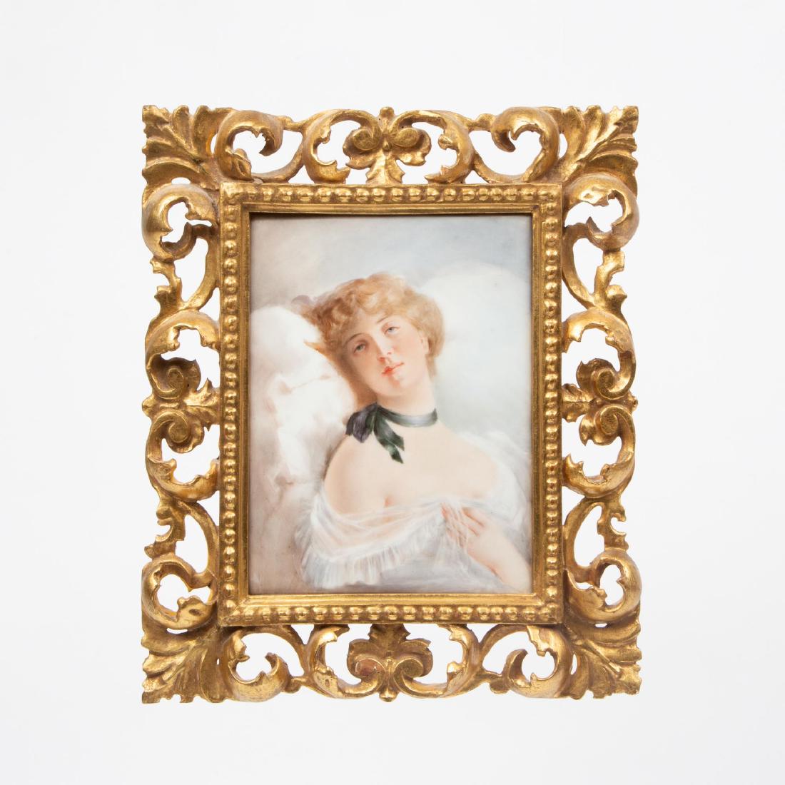 ANTIQUE LIMOGES HAND-PAINTED PORCELAIN PLAQUE: A finely painted Limoges porcelain plaque, ca. 1900, depicting a beautiful reclining woman. Impressed on the reverse "14 - 18 1/2 P.P.L." Plaque measures 7.25 x 5.75 inches. Presented in a pierced gil