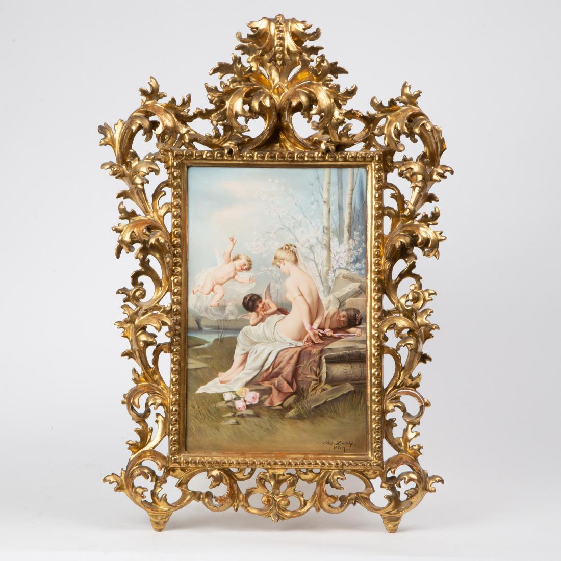 JOSEF ZASCHE (1821-1881) VIENNA HAND-PAINTED PORCELAIN: Josef ZascheÂ (Austrian, 1821-1881) Venus and Psyche Oil on porcelain plaque 14.75 x 9.5 inches A hand-painted plaque depicting the mythological beauty PsycheÂ bound with a silk ribbon by three ch