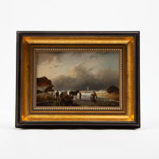 DUTCH SCHOOL OIL ON BOARD, UNSIGNED: Fine Dutch or Flemish school oil on board depicting a group of peasants and a horse with a sled pulling a load across a frozen lake. 7 x 10 inch, in an 11.25 x 14.5 inch frame.