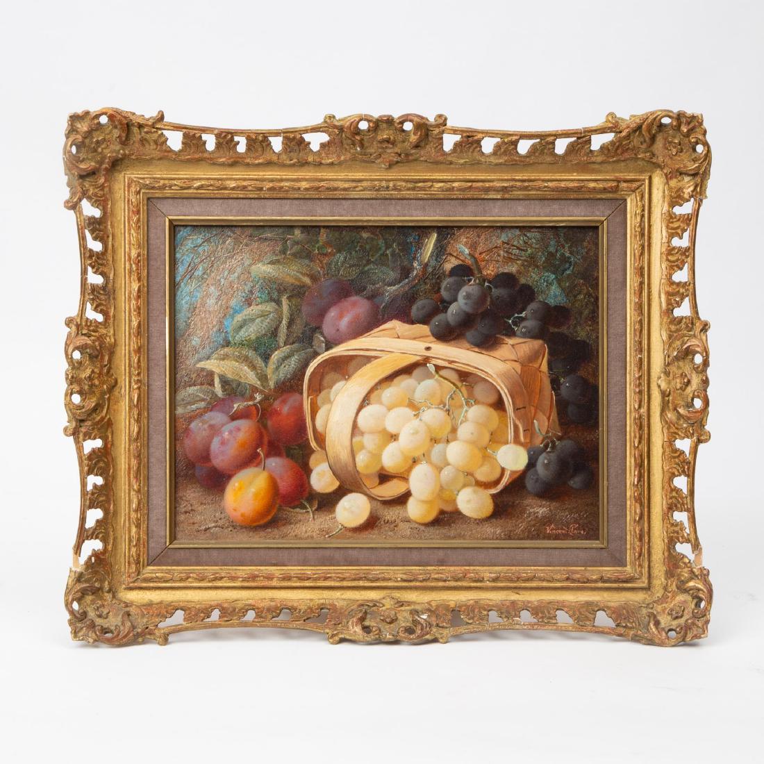 VINCENT CLARE (1855-1930) OIL ON BOARD FRUIT BASKET: Vincent Clare (British, 1855-1930) Basket of Fruit Oil on board 9 x 12 inches Signed "Vincent Clare" in the lower right corner. Presented in a 14.5 x 17.25 inch frame. Provenance: Sotheby's, New York,