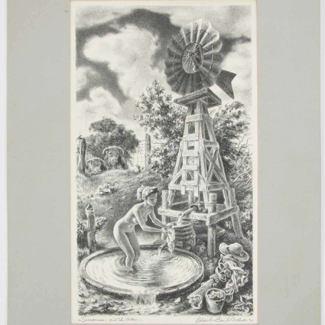 CHARLES BANKS WILSON (1918-2013) LITHOGRAPH 'SUSANNA: Charles Banks Wilson (American, 1918-2013) Susanna and the Elders, 1977 Lithograph on deckled wove paperÂ Susanna and the Elders is a playful reinterpretation of a 1938 Thomas Hart Benton work of t
