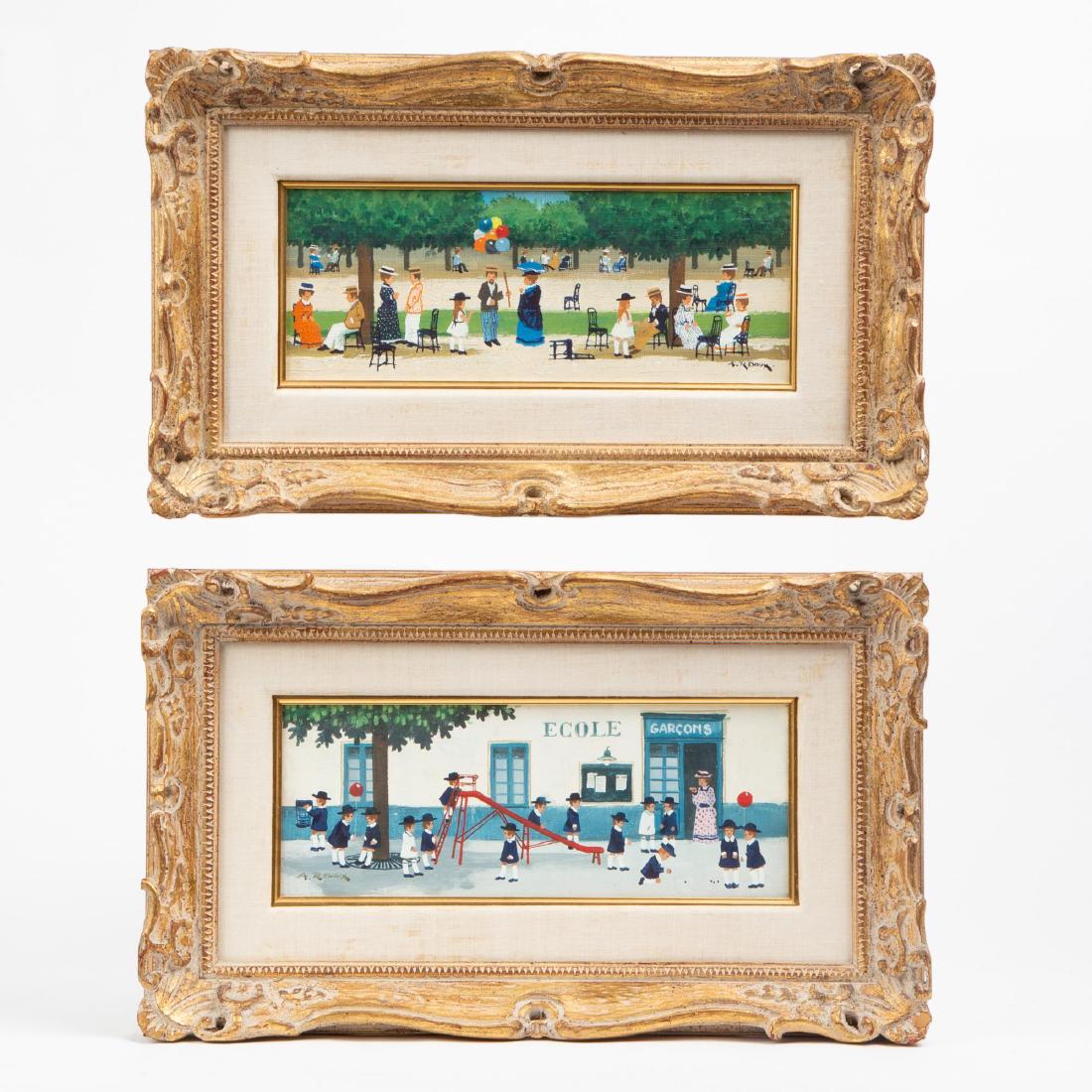ANDRE RENOUX (FRENCH, 1939-2002) PAIR OF OILS ON CANVAS: Andre Renoux (French, 1939-2002) La Recreation and Le Jardin Public a Paris Oils on canvas A pair of charming oils on canvas depicting life in 20thÂ c. Paris. Each is signed and titled on the revers
