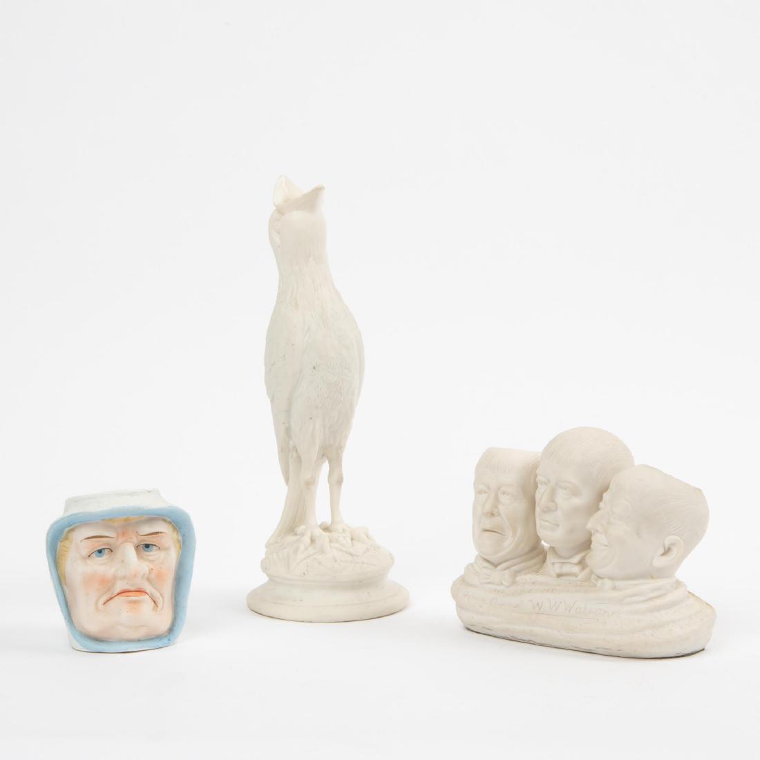 Three Antique Parian Ware Figures: Three sculptural Parian porcelain figures, late 19th to early 20th century. The first, a bird vase measuring 9 inches high, features an indistinguishable raised mark on the base. The second, a painted