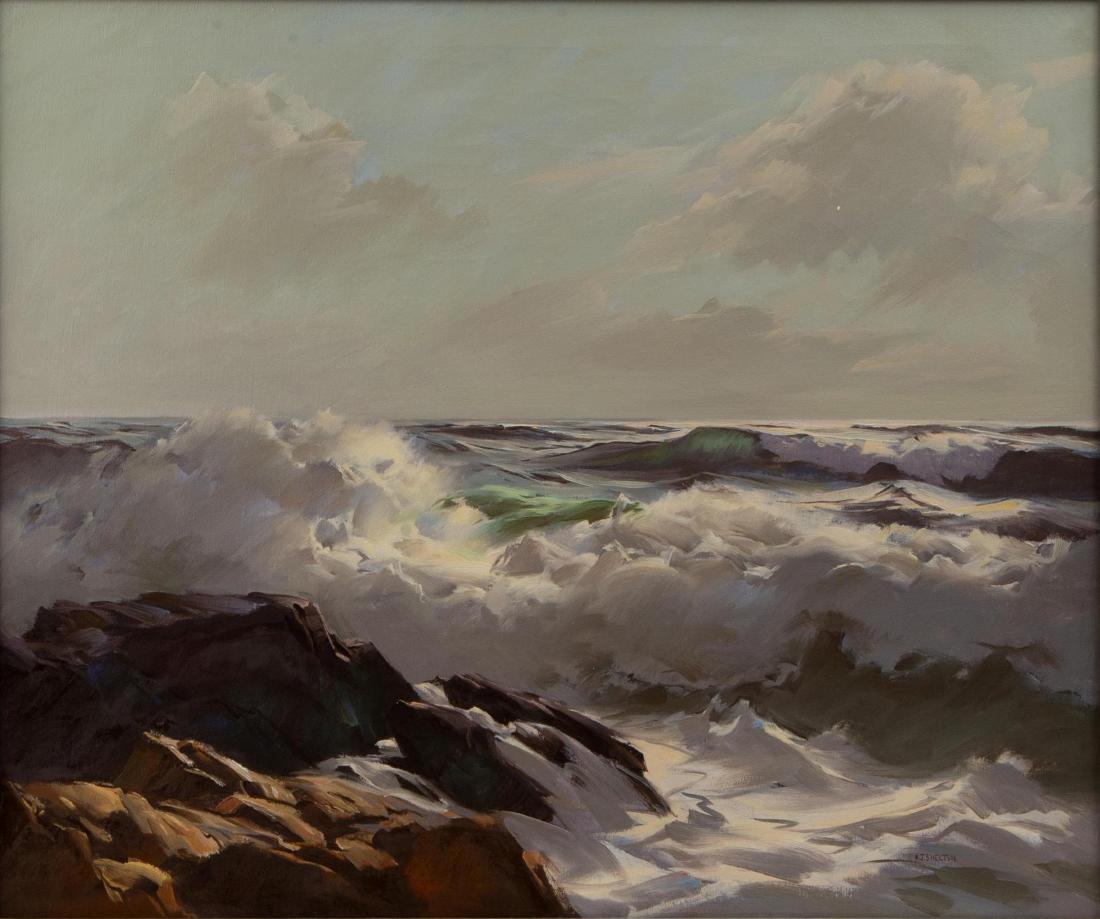 A.J. Shelton Oil Seascape: Alphonse Joseph Shelton American, 1905-1976 Into the Deep Oil on Canvas A dramatic view of turbulent waves from a rocky shore by Maine-based artist A.J. Shelton. Signed lower right, and titled in penc