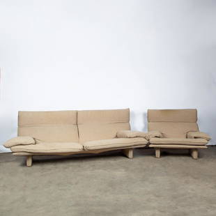 Niels Eilersen Modern Linen Sofa and Armchair: A Danish Modern sofa and armchair upholstered in linen, marked N. Eilersen. Design attributed to Niels Bendtsen. Sofa measures approximately 35 x 100 x 36 inches, armchair measures approximately 35