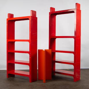 Olaf von Bohr for Kartell Modular Shelving: Modular red plastic shelving designed by Olaf von Bohr for Kartell (Milano), created by Beylerian Ltd (USA). Also included is an orange Marcello Siard for Kartell wall-mounted