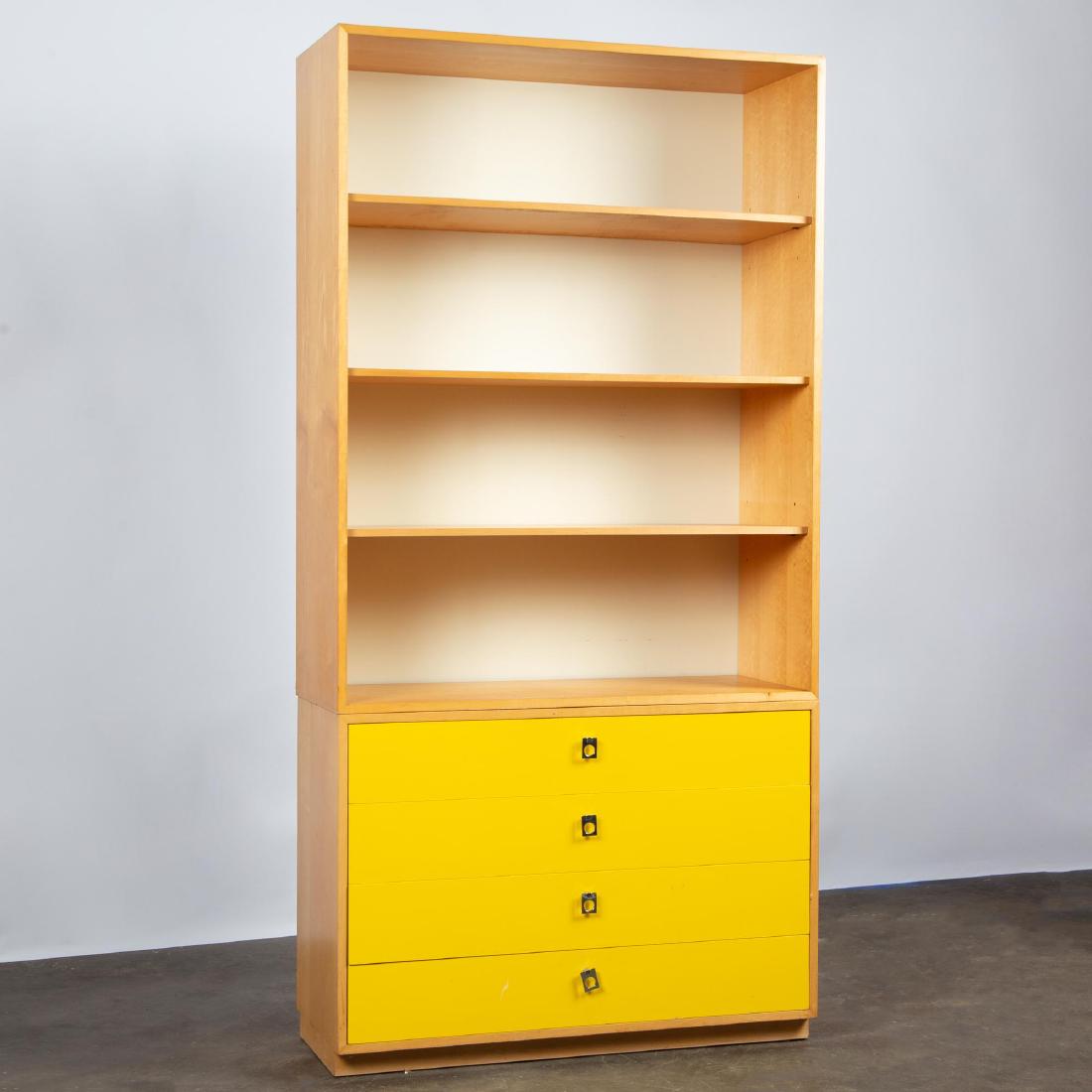 Jack Cartwright for Founders Dresser with Bookcase: A Jack Cartwright for Founders four-drawer maple dresser and bookcase top, having bright yellow laminated drawer fronts with chromed geometric pulls and a white laminate bookcase back panel. Two piece