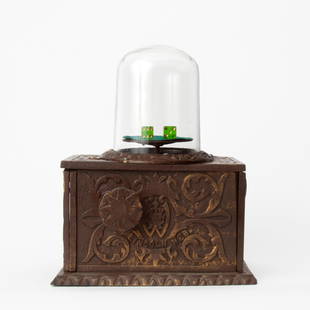 Antique Trade Stimulator 5-Cent Dice Dome: An antique cast iron 5-cent trade stimulator spin dice game with glass dome, fully operational with spring mechanism and two old dice. Circa 1900, by W.H. Co. Lincoln, Nebraska. Measures 11" x 9