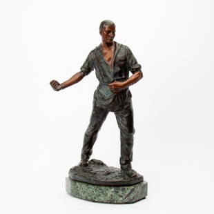Patinated Bronze, European, Early 20th c.: A Continental patinated bronze on marble base, likely first quarter 20th c., of a man sowing wheat or corn. Possibly attributable to Ernst Beck (Austrian, 1879-1941). "BK" foundry mark stamped to the