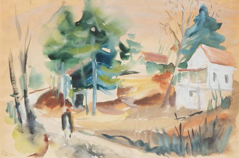 Werner Drewes 'Country Homes' 1935 Watercolor: Werner Drewes (German-American, 1899-1985) Country Homes, 1935 Watercolor on paper 11 1/4" x 16 3/4" (sight) An expressive watercolor by the Bauhaus educator and American Abstract Artists