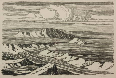 Birger Sandzen 'Dry Creek' Pencil-Signed Lithograph: Birger Sandzen (Swedish-American, 1871-1954) Dry Creek, 1916 Lithograph on paper Edition of 50 11 7/8" x 17 7/8" The second print created by Birger Sandzen, a view of Wild Horse Creek in