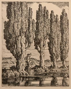 Birger Sandzen 'Utah Poplars' Pencil-Signed Lithograph: Birger Sandzen (Swedish-American, 1871-1954) Utah Poplars, 1930 Lithograph on paper Edition of 100 20" x 16" A pencil-signed and titled lithographic composition of tall poplar trees. In a