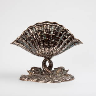 Genazzi for Stupell Shell & Dolphin Bowl, 800 Silver: A Luigi Genazzi (Milano, Italy) for Carole Stupell continental silver (.800) footed bowl, circa 1950s, in the form of scallop shell and Florentine dolphins. Bearing a Carole