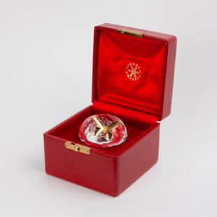 Steuben Crystal Mushroom with 18K Gold Butterfly: A Steuben crystal mushroom sculpture mounted with an 18K yellow gold butterfly. Incised "Steuben" to the underside. Offered with red leather presentation box. Sculpture measures 3 1/2" x 3 3/4" x