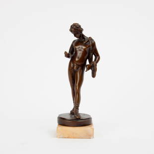 German Miniature Bronze Male Nude, Gladenbeck: A German miniature bronze, first quarter 20th c., of a nude male standing contrapposto, with a garment draped over his shoulder. Patinated bronze on marble plinth. Stamped with foundry mark