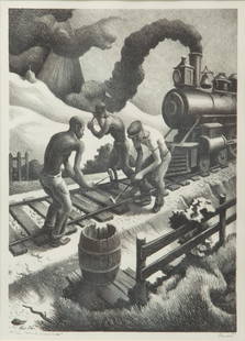Thomas Hart Benton 'Ten Pound Hammer' Signed Lithograph: Thomas Hart Benton (American, 1889-1975) Ten Pound Hammer, 1967 Lithograph on Rives paper 13 3/4" x 10" Edition of 300 "Old story of my youth - before the steam hammer beat out John Henry."