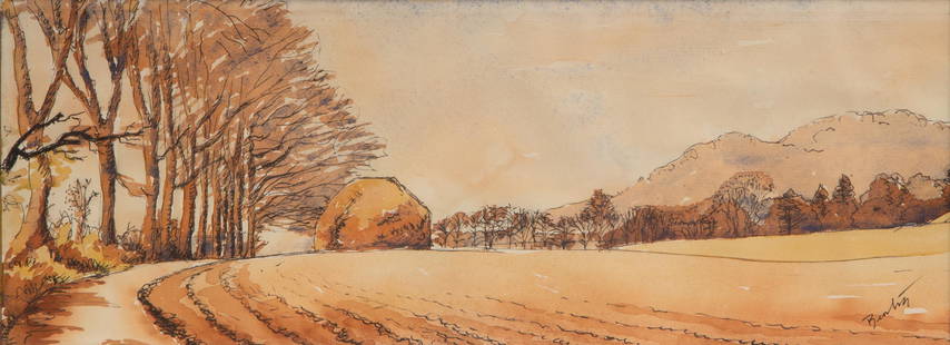 Thomas Hart Benton Original Ink & Watercolor Landscape: Thomas Hart Benton (American, 1889-1975) Untitled (Landscape) Pen and ink with watercolor wash on paper 7 1/2" x 20" (sight measurement) An original ink drawing of quiet farmland