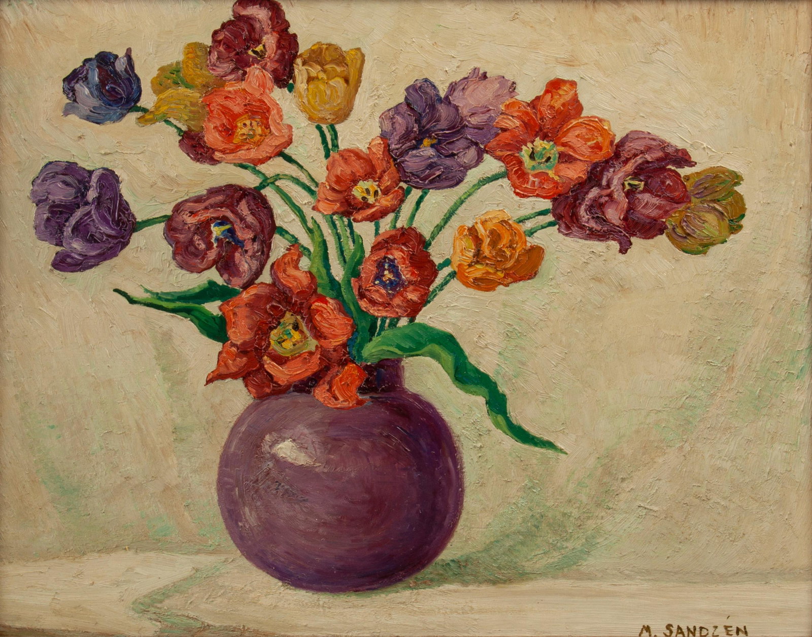 Original Margaret Sandzen Oil, 'Tulips': Margaret Sandzen (American, 1909-1994) Tulips, circa 1930s Oil on board 22" x 28" An impasto still life of tulips in a purple vase. Margaret Sandzen was a student of her father, Birger Sandzen, whose
