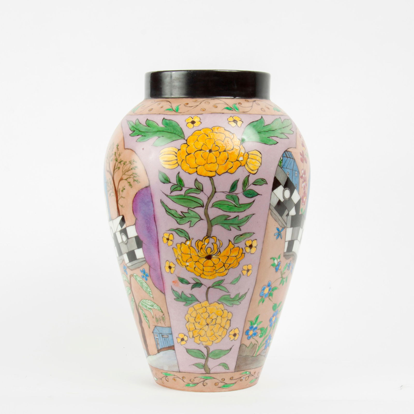 1923 Artist-Painted Limoges Vase: A Bernardaud & Co. Limoges porcelain vase, nicely painted with marigolds and imaginative scenes. Signed to the underside by the artist, Vedia Brilhart of Jackson County, Missouri,
