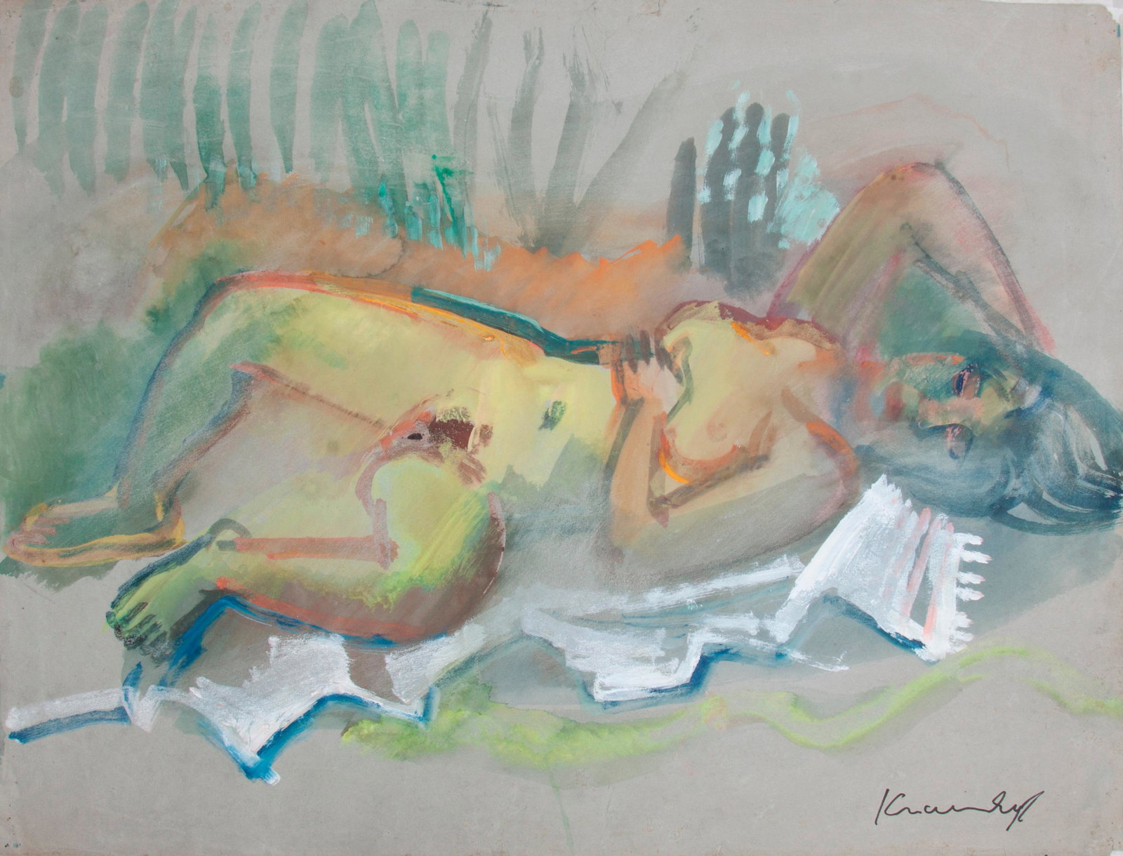 Bruno Krauskopf Goauche, Reclining Nude: Bruno Krauskopf (German, 1892-1960) Untitled (Reclining Nude) Gouache on paper 19 1/2" x 25 1/2" A gestural depiction of a reclining nude woman. Signed in the lower right. Estate stamp of the ar