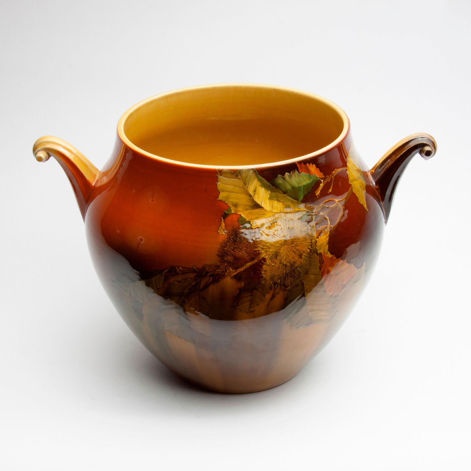 Rookwood Large Pottery Vase, Painted by Albert: A rare Rookwood Pottery tiger eye clay vase with two scrolled handles, dated to 1890, #545B, painted with floral decoration by noted Rookwood artist Albert Valentien. Stamped with the Rookwood cy