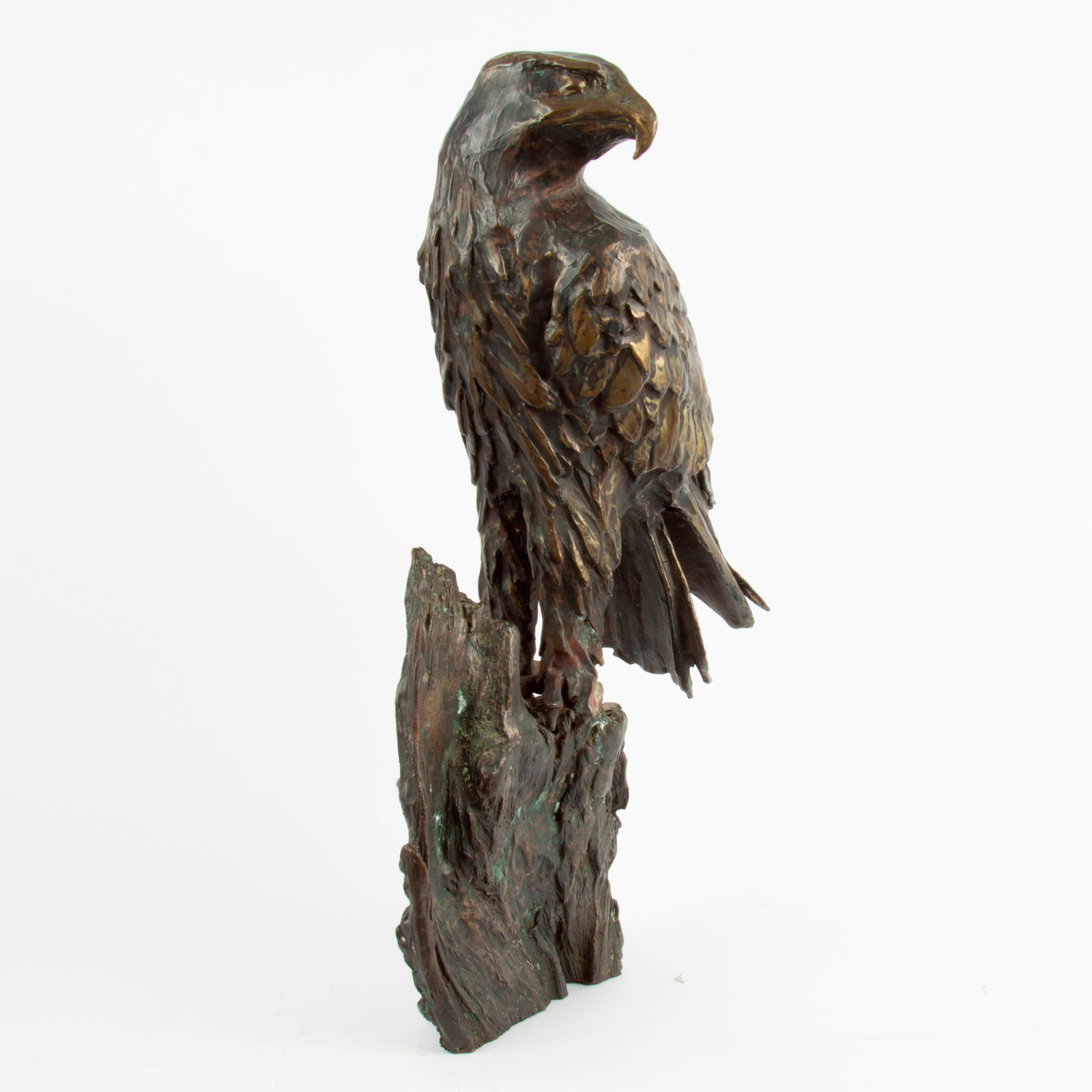 Cast Bronze Eagle Sculpture, 1976: A patinated bronze perched eagle, signed "Eric Lee 7-4-76", a patriotic sculpture created on the bicentennial of the United States of America. Measures 24 1/4" x 14 1/2" x 8". Weighs 40 pounds.