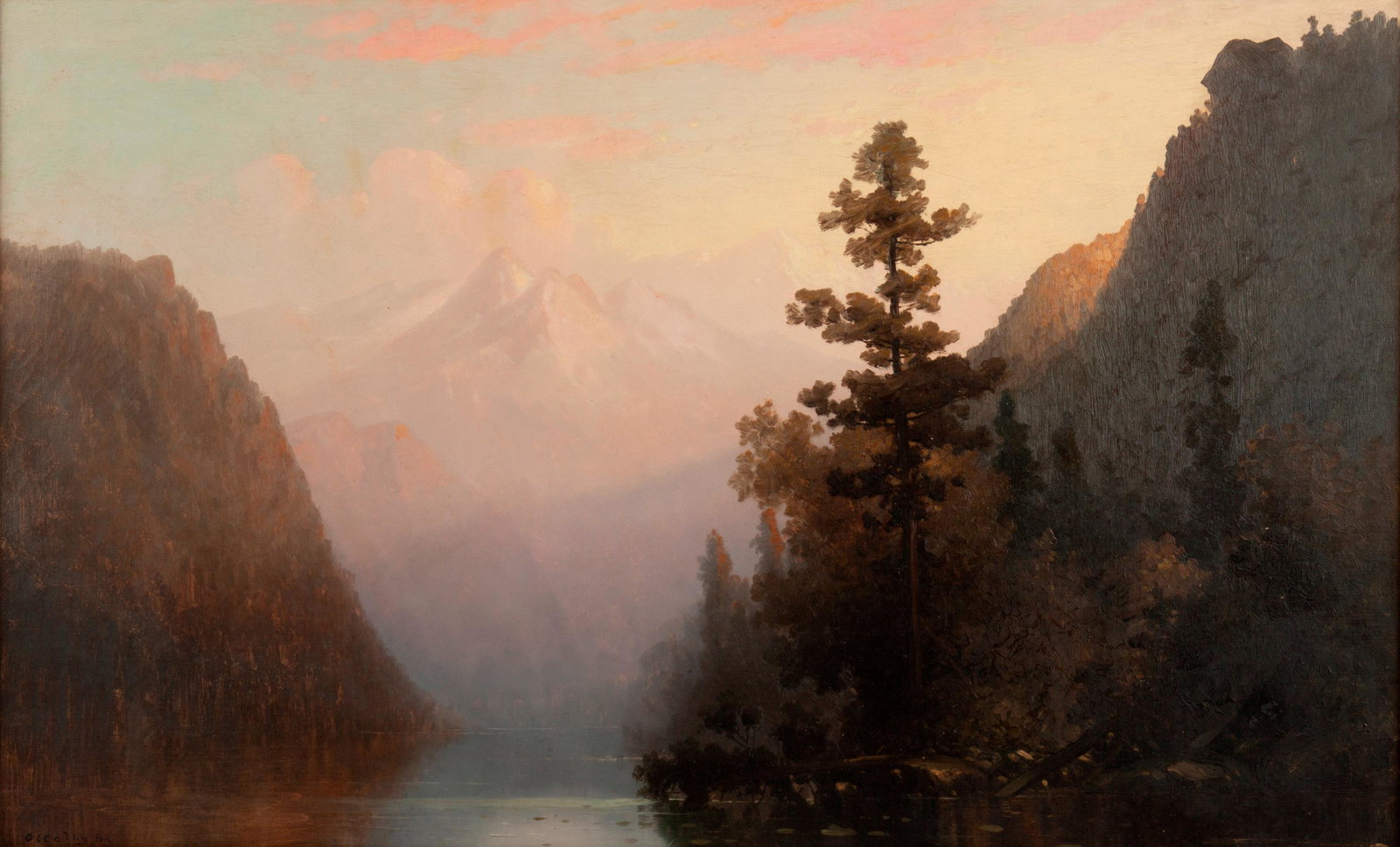 George Ernest Colby Oil on Canvas, Mountain Landscape: George Ernest Colby (American, 1859-1922) Mountain landscape, 1882 Oil on canvas 22" x 36" An atmospheric mountain landscape of the American West, with a single Ponderosa pine rising before a creamy p