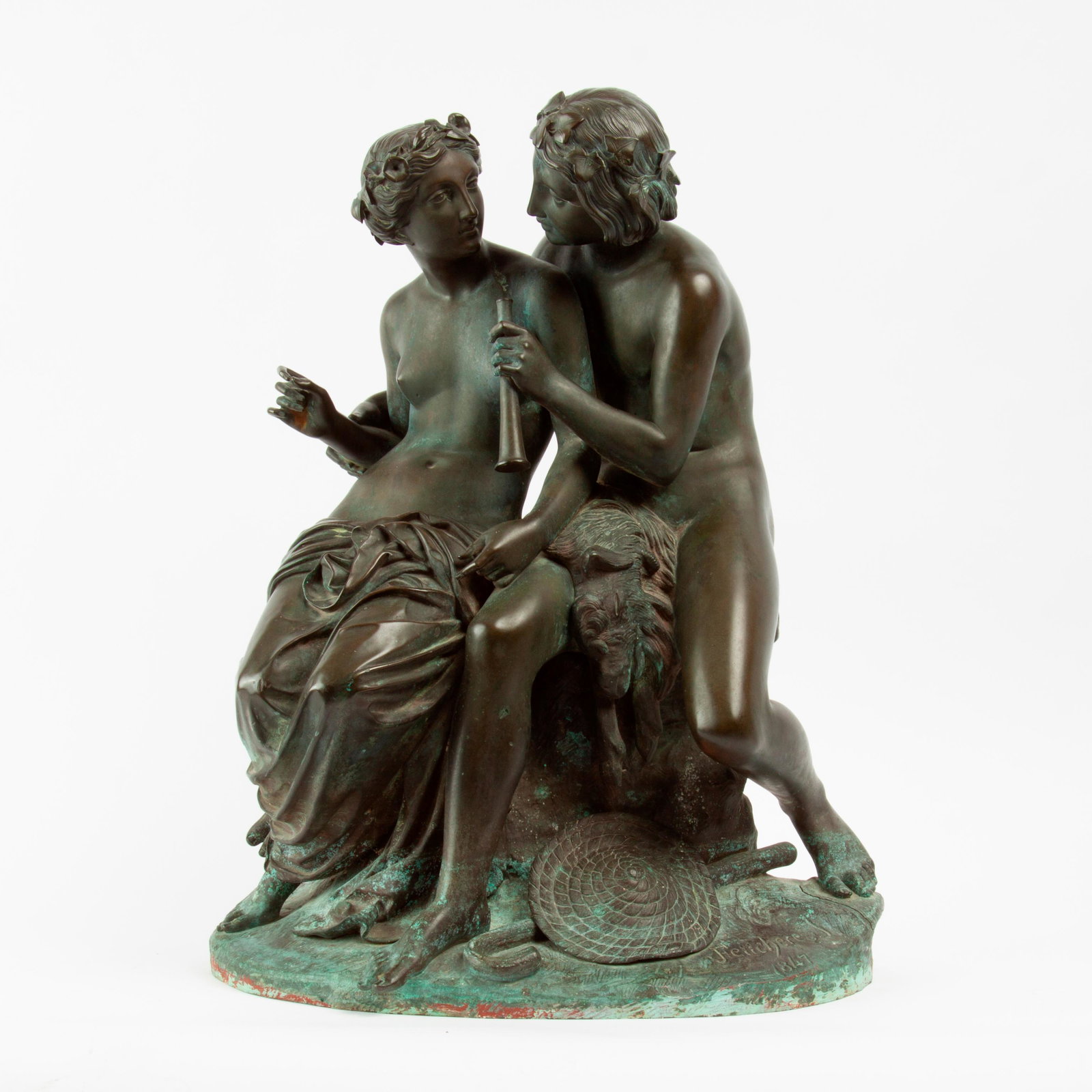 19th c Jean-Jacques Feuchere Sculpture, Paillard: Jean-Jacques Feuchere (after) (French, 1807-1852) Daphnis and Chloe Circa 1860s-70s A beautifully patinated spelter sculpture of Greek goatherd Daphnis teaching Chloe to play the pipe, created by
