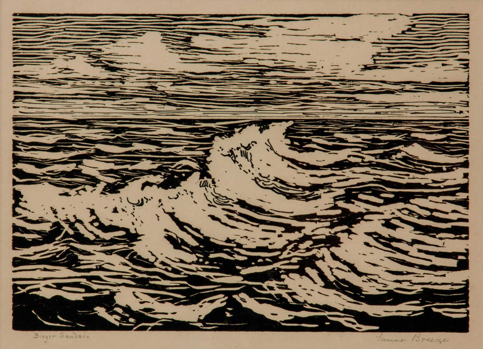 Birger Sandzen 'Summer Breeze' Woodcut, Hand Accented: Birger Sandzen (Swedish-American, 1871-1954) Summer Breeze, 1916 Woodcut on paper Edition of 100 in two states First state with hand-accent in ink 7" x 10" A pencil-signed and title