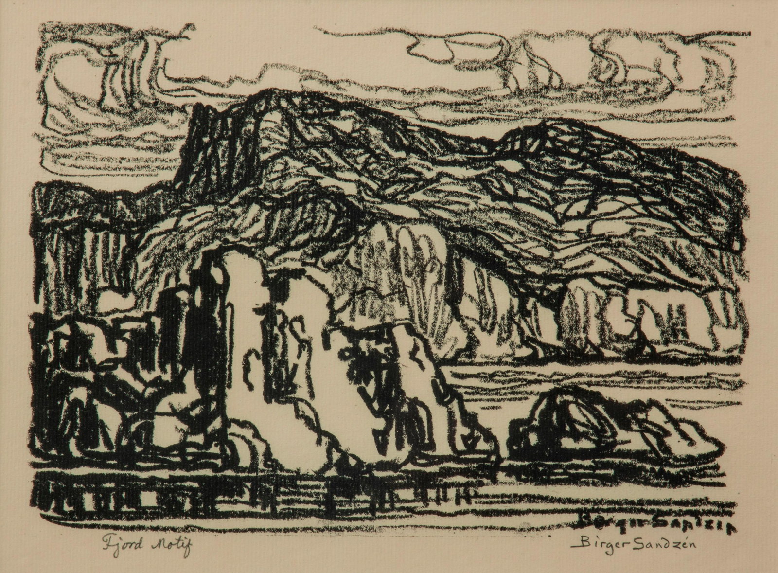 Birger Sandzen 'Fjord Motif' Pencil-Signed Lithograph: Birger Sandzen (Swedish-American, 1871-1954) Fjord Motif, 1924 Lithograph on paper Edition of 100 7 1/2" x 10 1/2" A pencil-signed and titled fjord landscape. In a wooden frame that measures 20 5