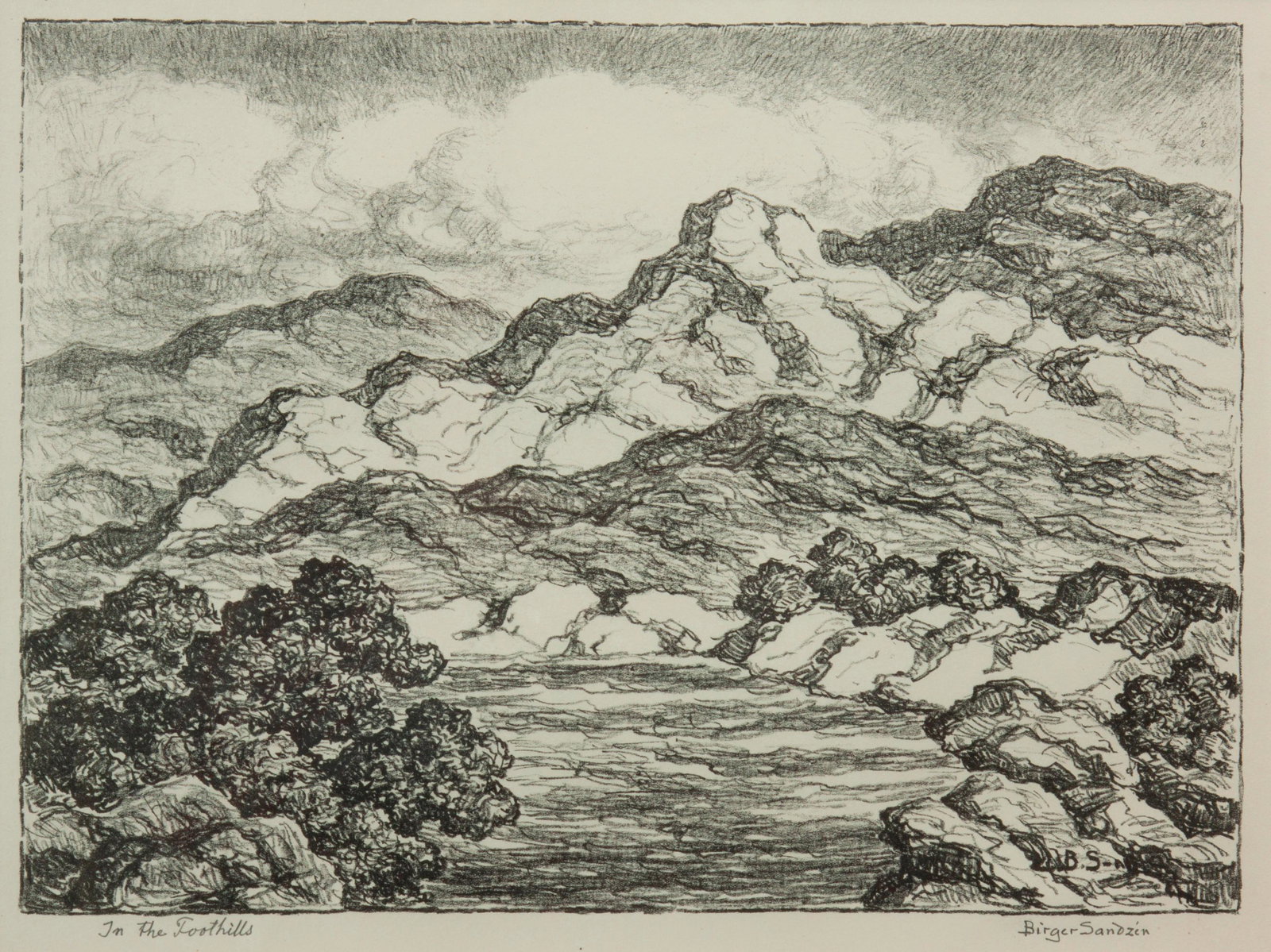 Birger Sandzen 'In the Foothills' Signed Lithograph: Birger Sandzen (Swedish-American, 1871-1954) In the Foothills, 1952 Lithograph on paper Edition of 100 10 1/4" x 14" A pencil-signed and titled late-career landscape. In a wooden frame that measu